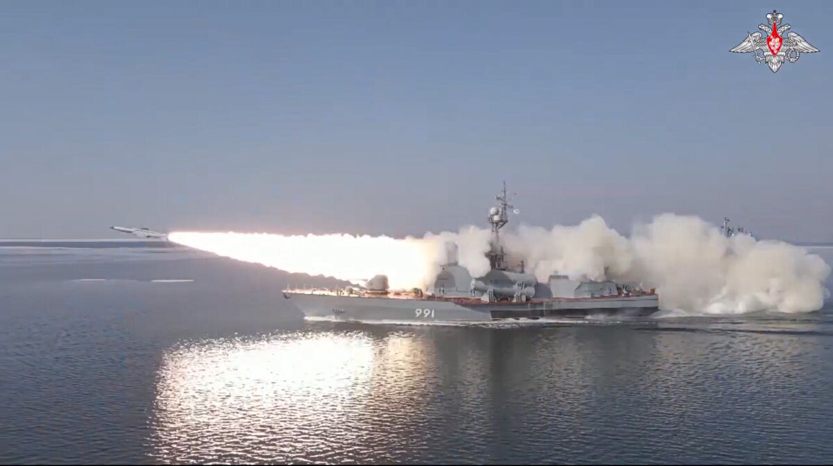 In this photo made from video provided by the Russian Defense Ministry Press Service on Tuesday, March 28, 2023, a Russian navy boat launches an anti-ship missile test in the Peter The Great Gulf in the Sea of Japan. Russia's Defense Ministry says Moscow has test-fired anti-ship missiles in the Sea of Japan. The ministry said Tuesday that a few boats launched a simulated missile attack on a mock enemy warship about 60 miles away. (Russian Defense Ministry Press Service via AP)