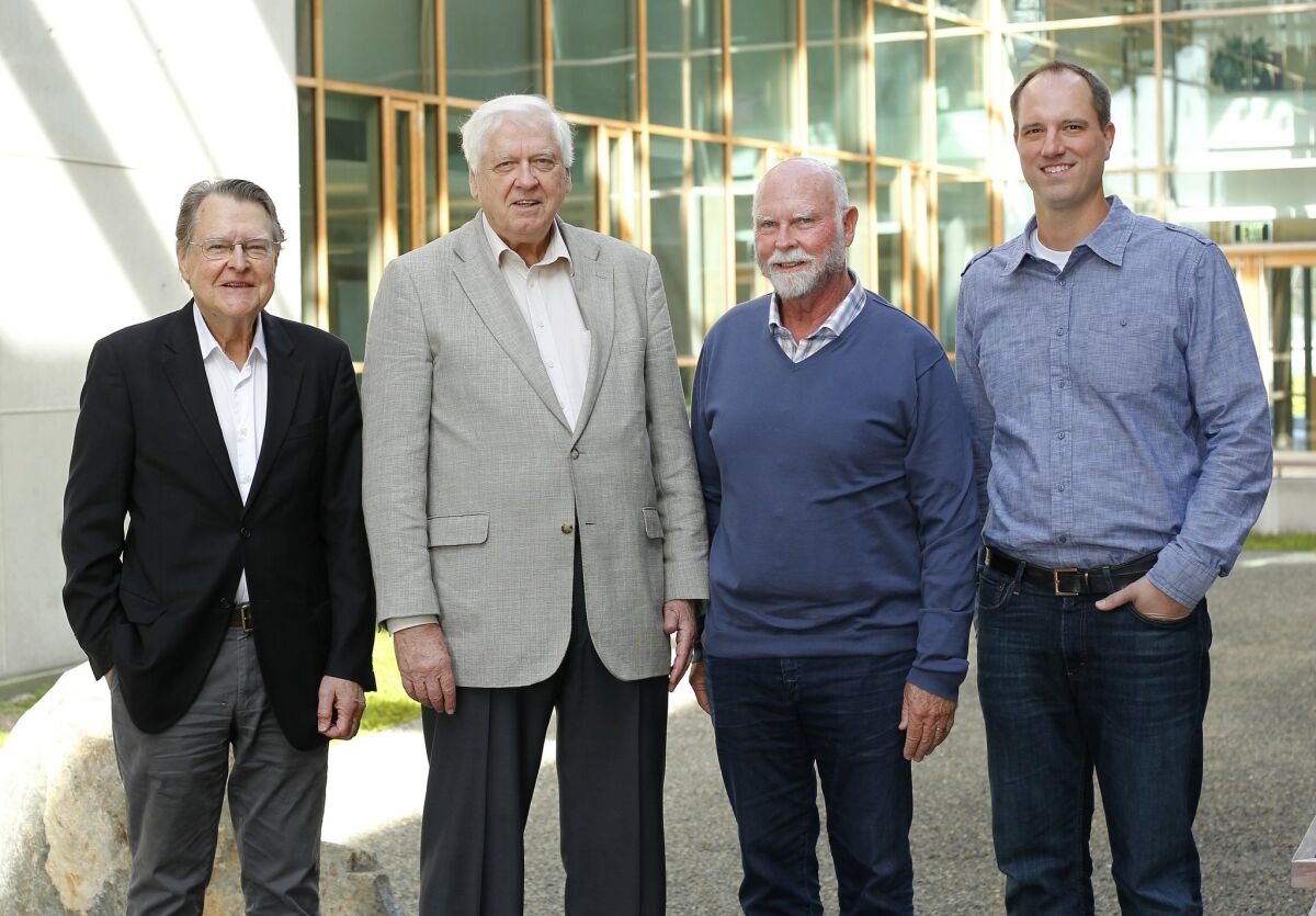From left to right are, Clyde Hutchison, Hamilton Smith, J. Craig Venter, and Daniel Gibson. — K.C. Alfred / San Diego Union-Tribune