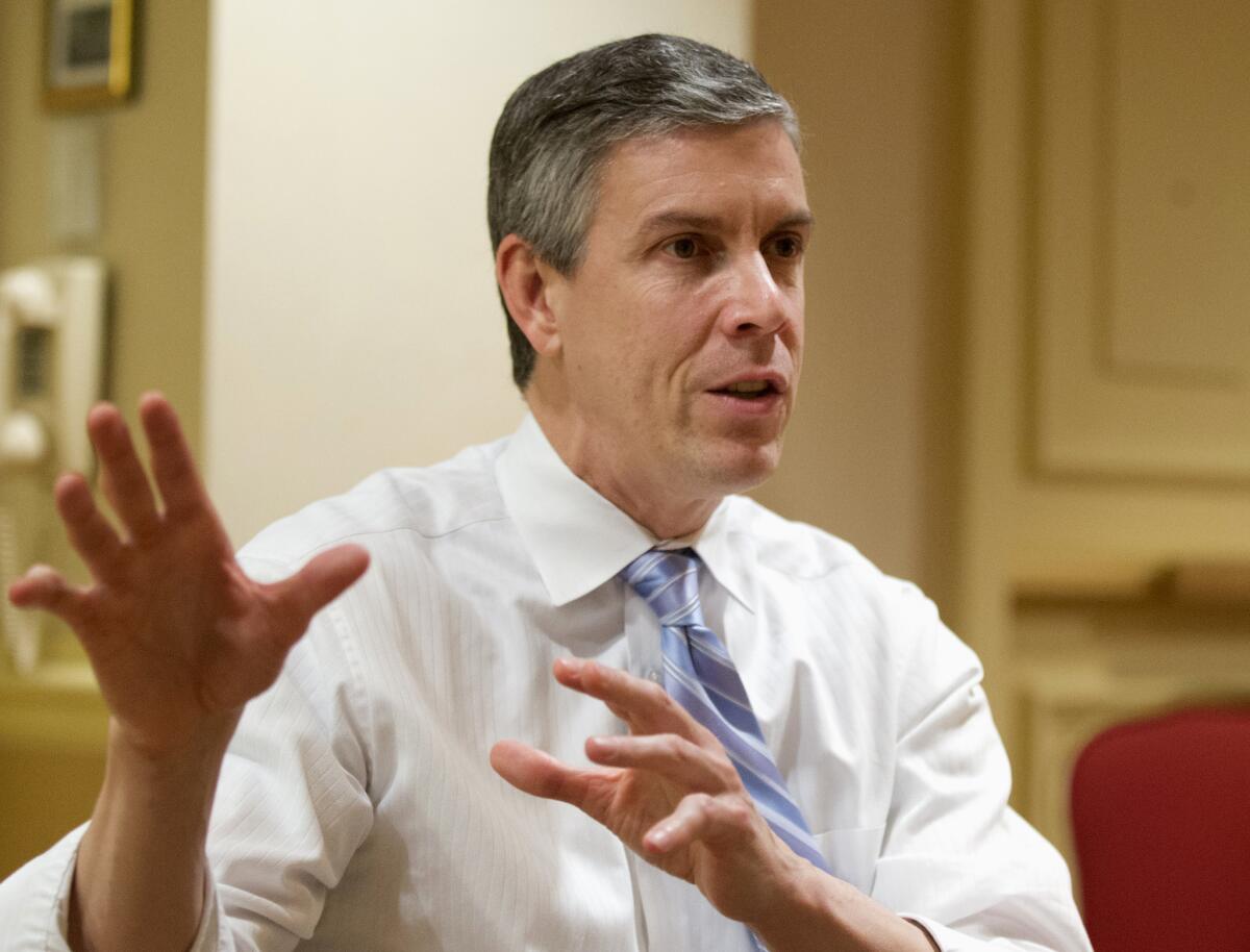 Education Secretary Arne Duncan speaks in Washington. The Obama administration told colleges and universities this week they can continue to use admissions to increase diversity.