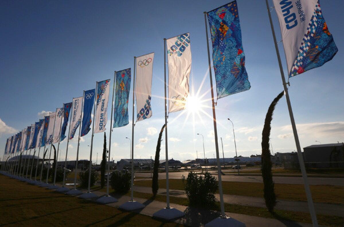 Flags blow in the wind in Alder, Russia, a town just south of Sochi, host of the 2014 Winter Olympics.