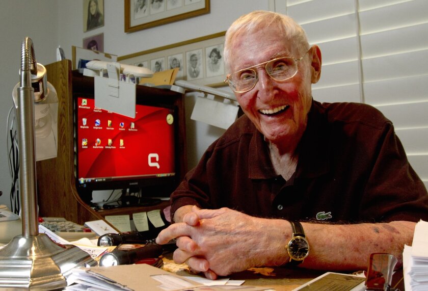 Wally Taibleson, a 90-year-old student at Cal State San Marcos, at his Carlsbad home.