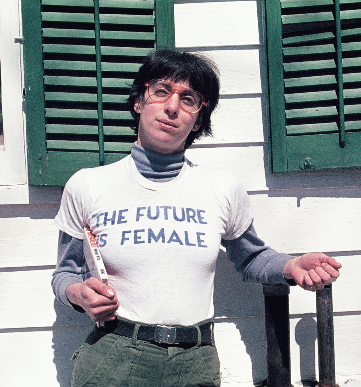 Alix Dobkin wears a shirt reading "The Future is Female" in an iconic 1975 photo