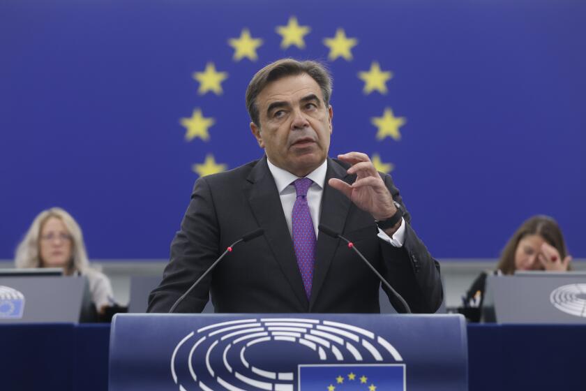 European Commission vice-president Margaritis Schinas delivers a speech on the speedy adoption of the asylum and migration package Wednesday, Oct. 4, 2023 in Strasbourg, eastern France. (AP Photo/Jean-Francois Badias)