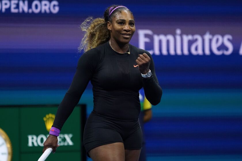 Serena Williams of the US celebrates her victory over Elina Svitolina of Ukraine dat the 2019 US Open