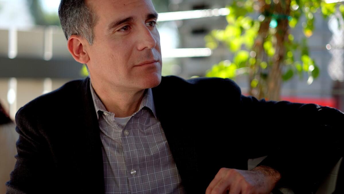 Los Angeles Mayor Eric Garcetti made his case for reelection in an interview in January at a restaurant in Larchmont.
