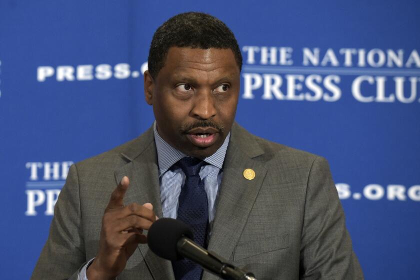 FILE - In this Aug. 29, 2017, file photo, Derrick Johnson speaks at a National Press Club (NPC) in Washington. The NAACP has decided to hire its interim leader, Derrick Johnson, as its 19th president and CEO. The board of directors of the nation's oldest civil rights organization made the decision on Saturday, Oct. 21, 2017. (AP Photo/Susan Walsh, File)