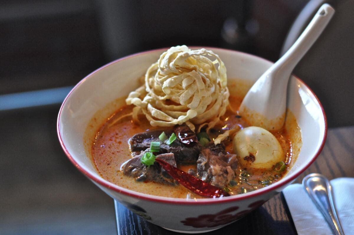 A bowl of the northern Thai coconut curry soup at Khao Soi by Inthanon Thai, a newish restaurant in Hollywood.