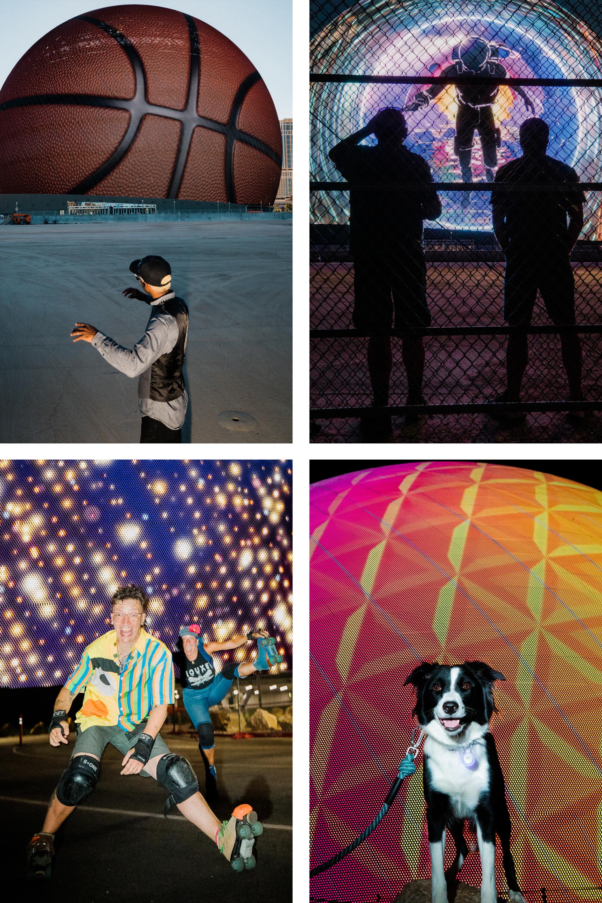 Four photos shows people in front of a spherical building projecting different patterns, such as a basketball