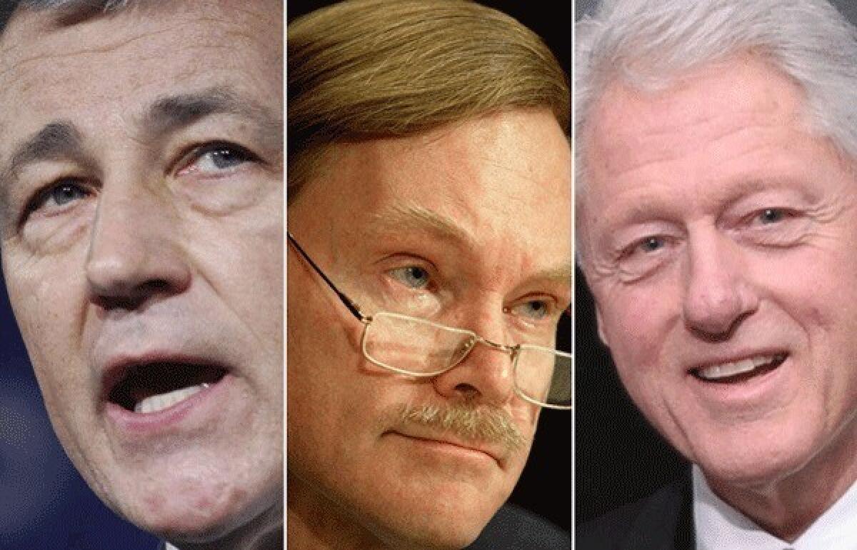 Who will replace Secretary of State Hillary Rodham Clinton? Three unconventional options: Chuck Hagel, left, Robert Zoellick, and former President Bill Clinton.