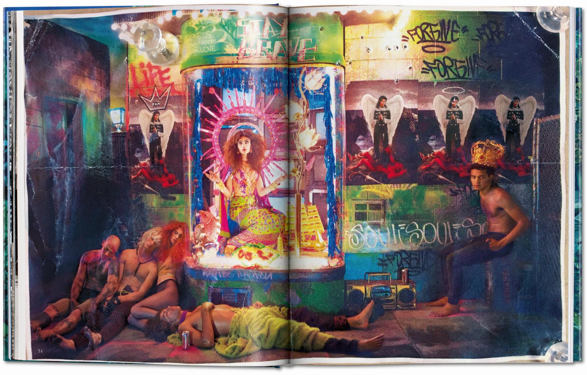 A colorful spread from David LaChapelle's "Good News," which includes sleeping bodies slumped on the ground.