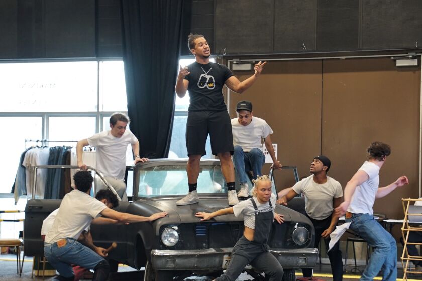 The actors playing the Greasers gang rehearse a scene for "The Outsiders," a world premiere musical opening in previews Feb. 19 at the La Jolla Playhouse.
