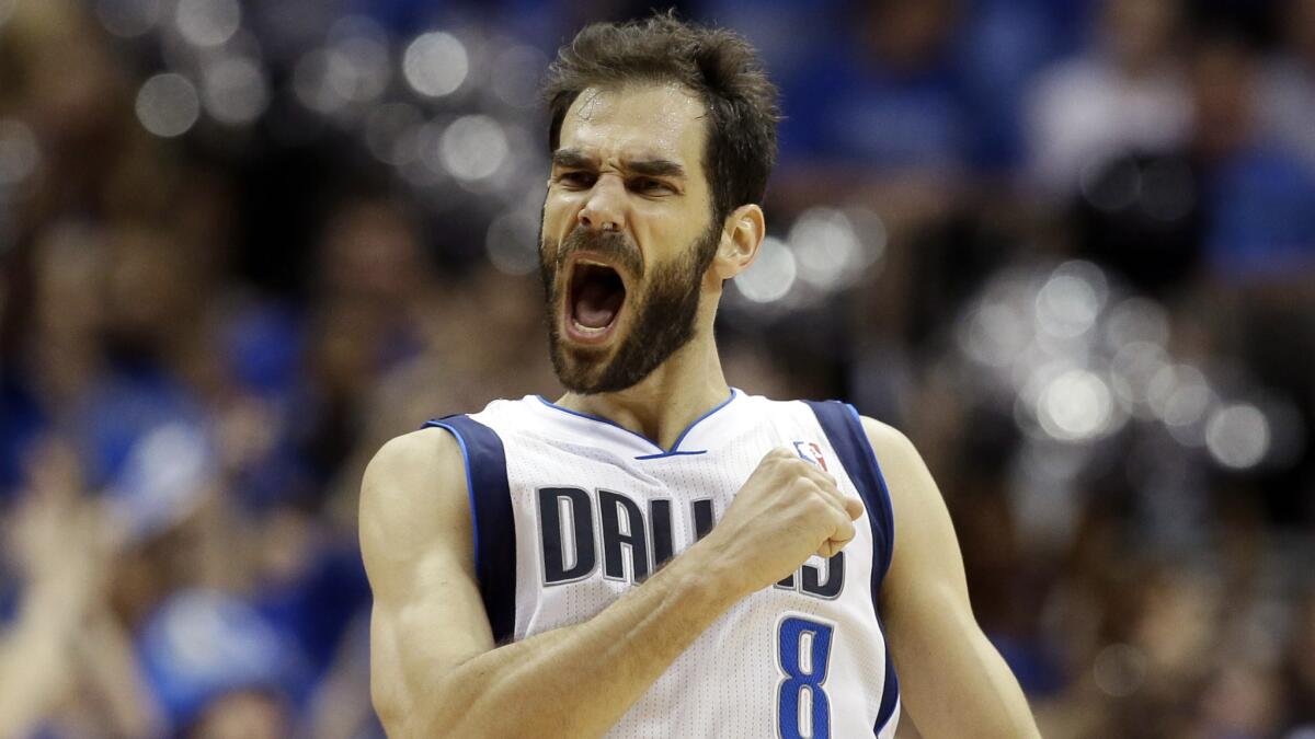 Dallas Mavericks point guard Jose Calderon celebrates a three-pointer in a playoff game against the San Antonio Spurs on May 2. Calderon is set to join the New York Knicks.