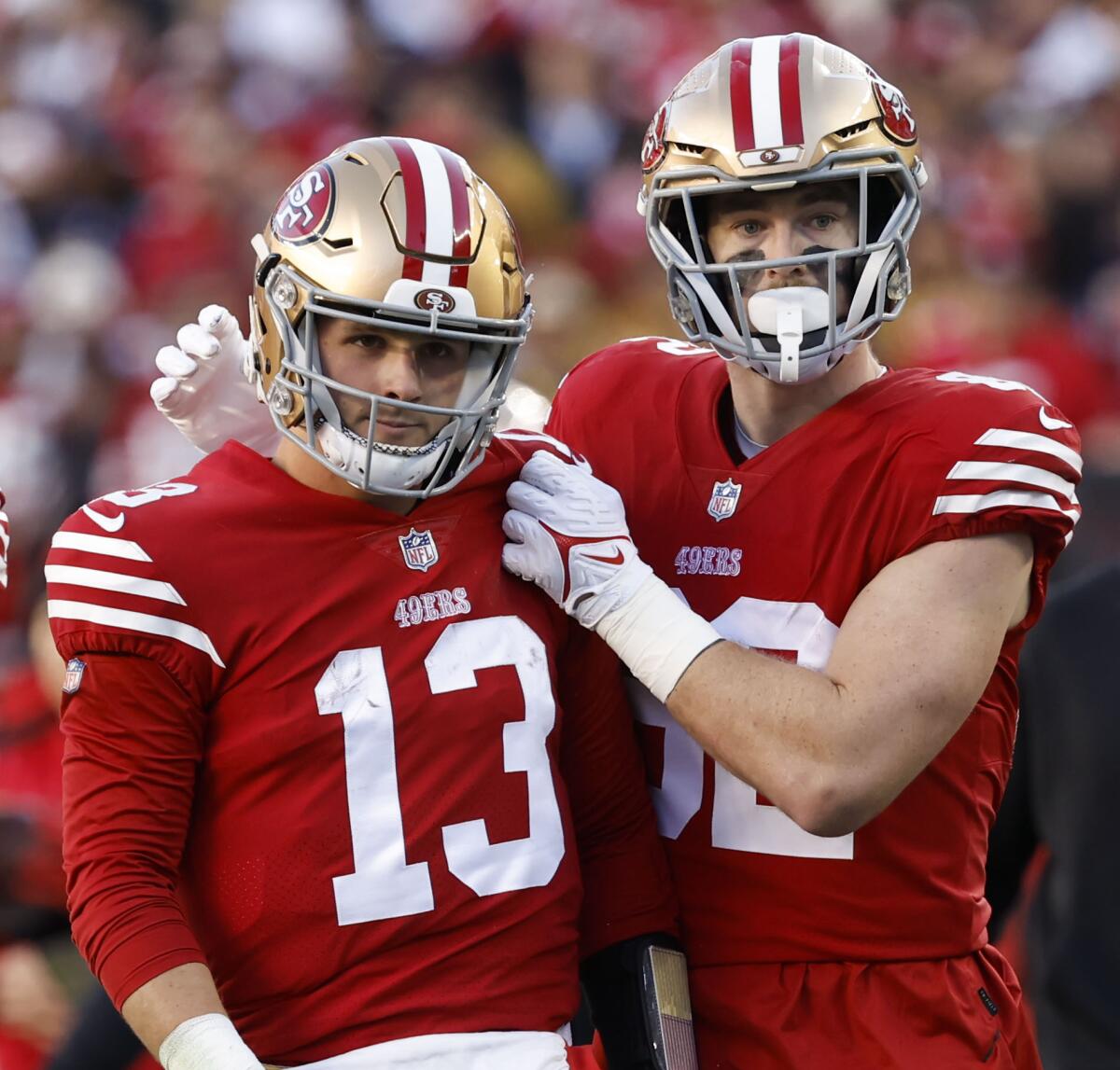 San Francisco 49ers quarterback Brock Purdy (13) and tight end Ross Dwelley during the first half.
