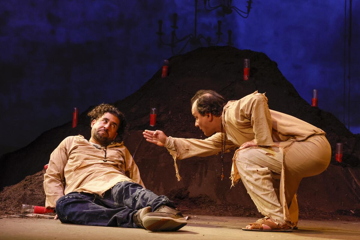 Juan Amador and Sean San Jose perform a scene from "The Travelers."