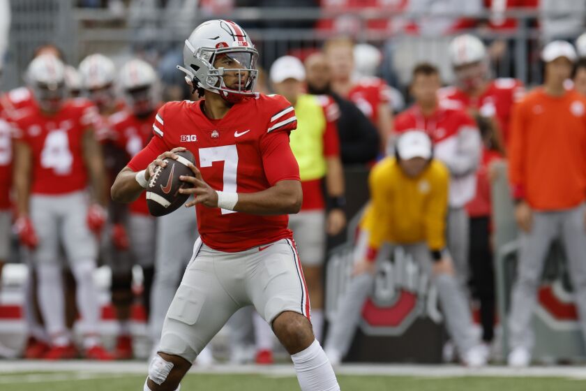 Ohio State quarterback C.J. Stroud drops back to pass against Rutgers during the second half of an NCAA college football game, Saturday, Oct. 1, 2022, in Columbus, Ohio. (AP Photo/Jay LaPrete)