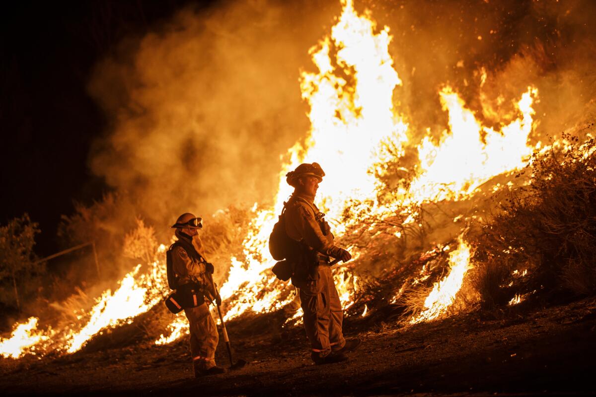 Two firefighters stand near flames at night.