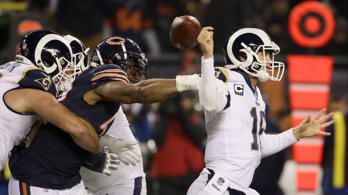 Rams quarterback Jared Goff has the football stripped from his grasp by the Bears' Khalil Mack in 2018. 