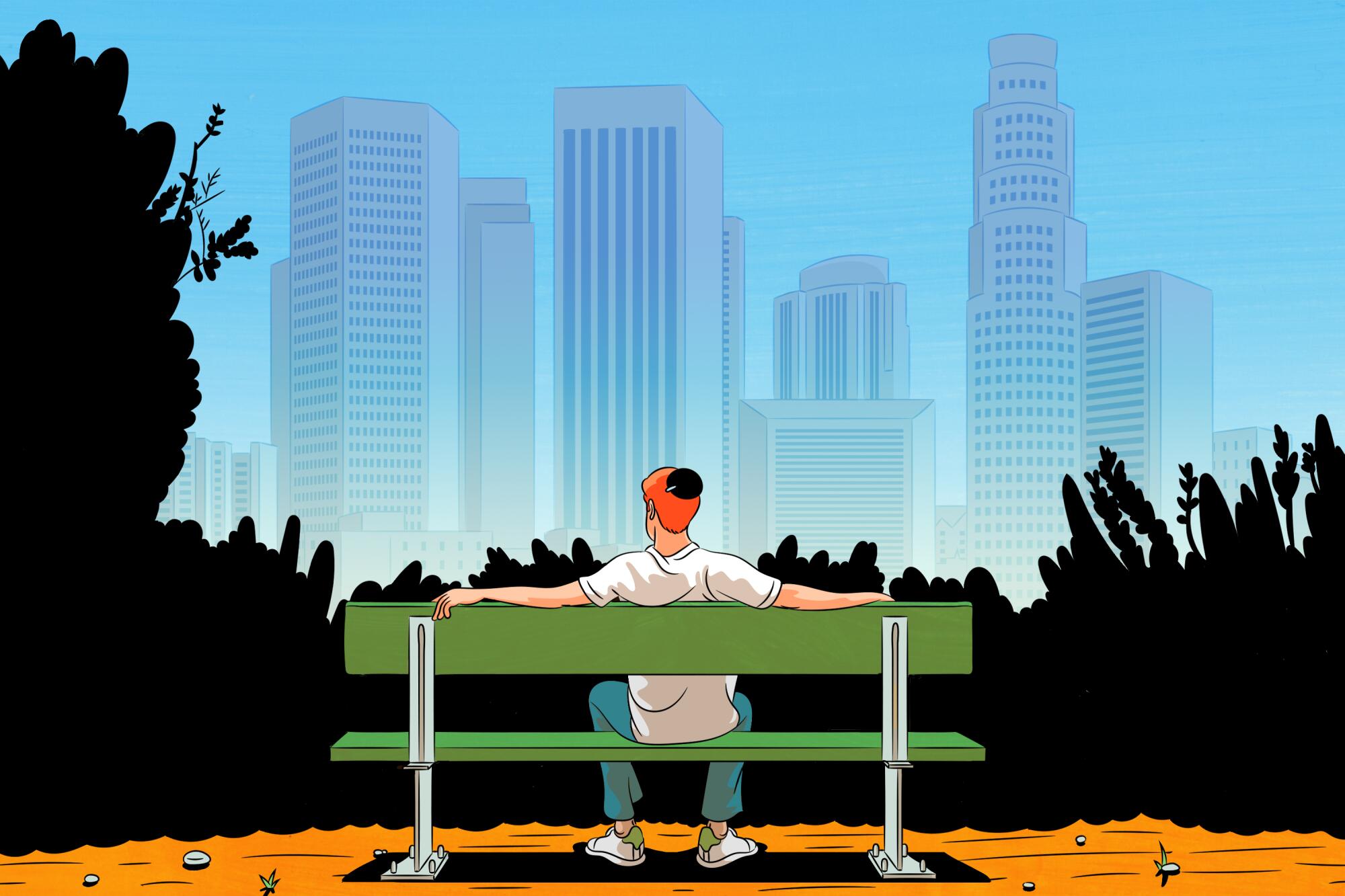 Illustration of a Jewish man sitting on a park bench looking out towards the Los Angeles skyline.