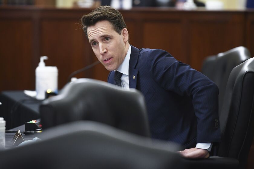Sen. Josh Hawley, R-Mo., speaks during a Senate Small Business and Entrepreneurship hearing to examine implementation of Title I of the CARES Act, Wednesday, June 10, 2020 on Capitol Hill in Washington. (Kevin Dietsch/Pool via AP)