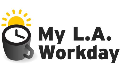 logo of a coffee mug with a clock dial and a sun: My L.A. Workday