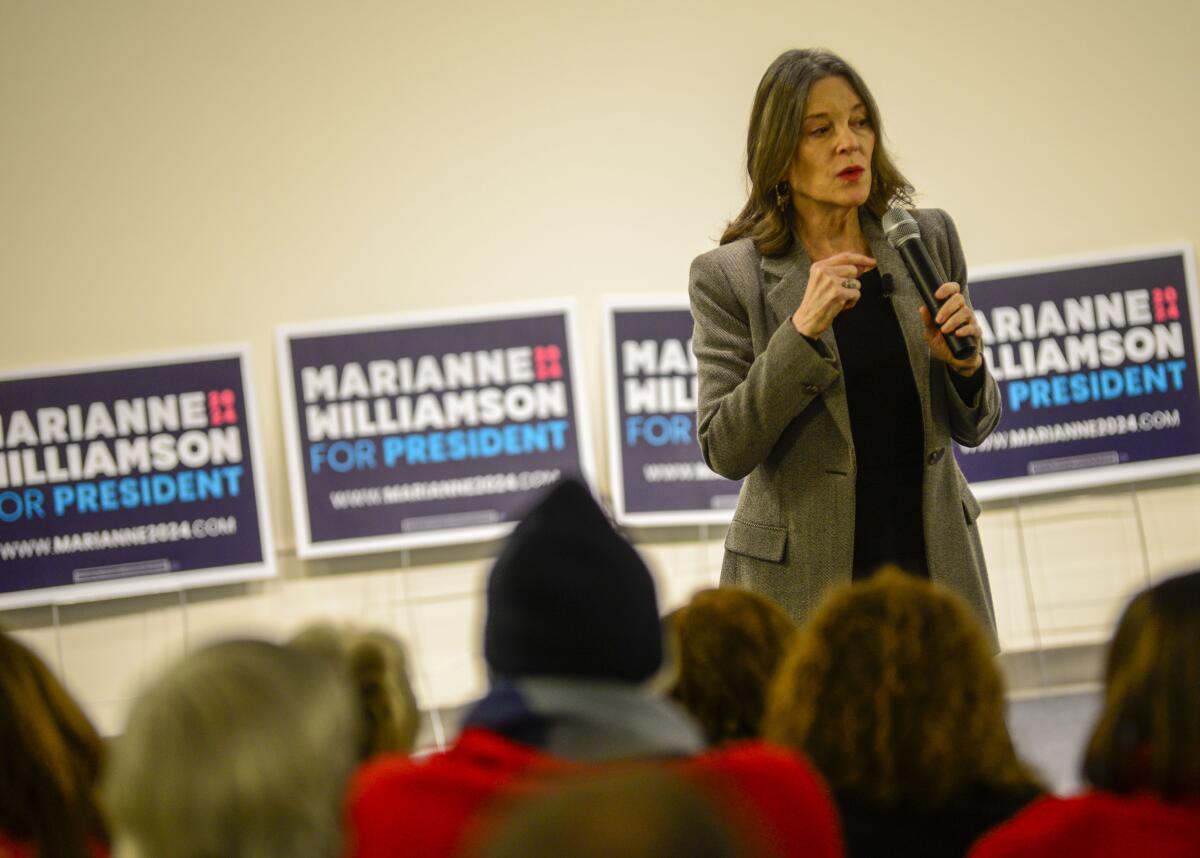 Democratic presidential hopeful Marianne Williamson speaks a campaign stop at the Keene Public Library.