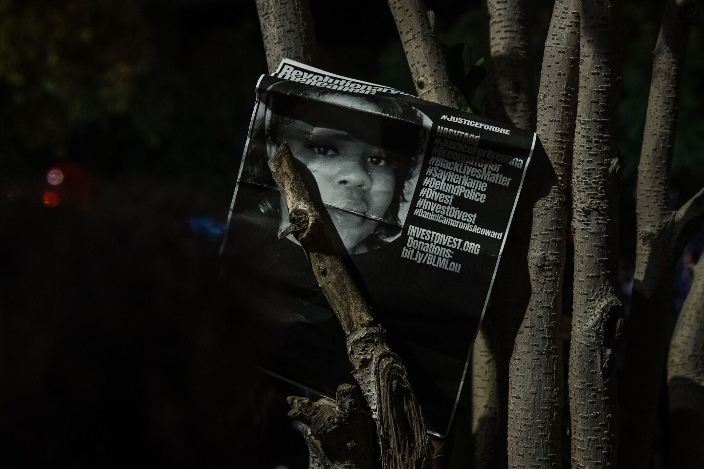 A picture of Breonna Taylor can be seen on a flyer on a tree in front of the San Diego Police Department on September 23, 2020.