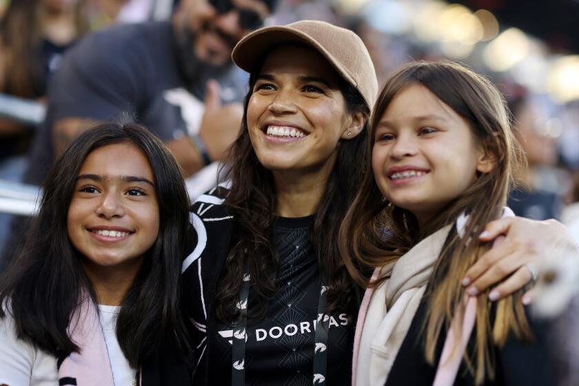 LOS ANGELES, CALIFORNIA - JULY 01: Angel City FC Investor America Ferrera poses for a picture with fans.