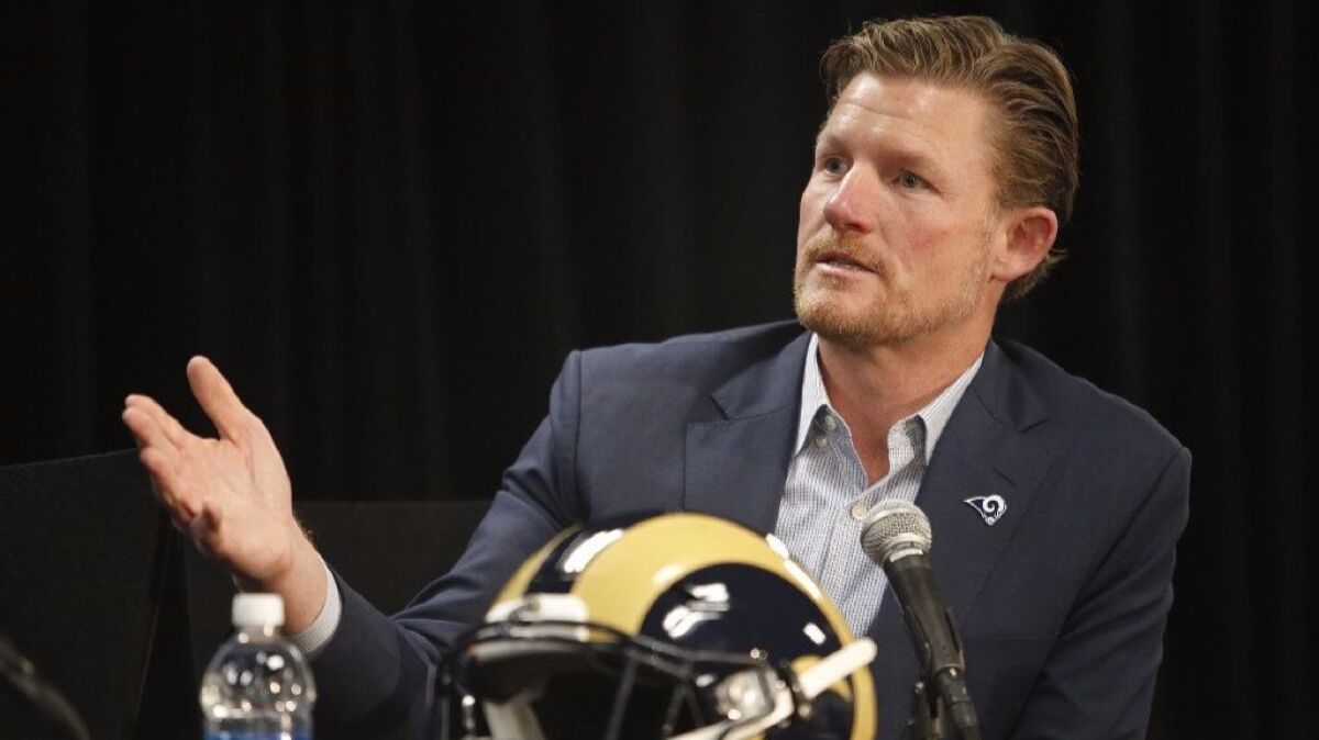 Rams General Manager Les Snead speaks at Coach Sean McVay's introductory news conference on Jan. 13.