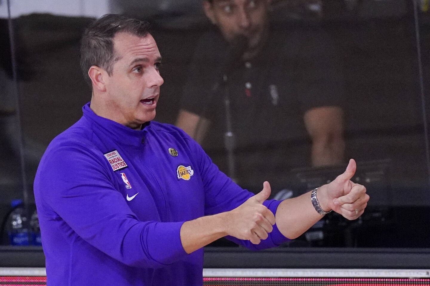 Lakers coach Frank Vogel gives the thumbs-up during Game 5.