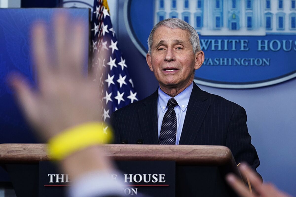 Dr. Anthony Fauci speaking behind a podium at the White House 