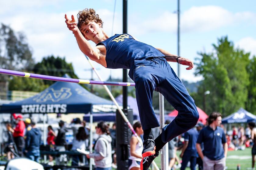 Sophomore JJ Harel of Sherman Oaks Notre Dame set a school record at the Mission League finals in the high jump.