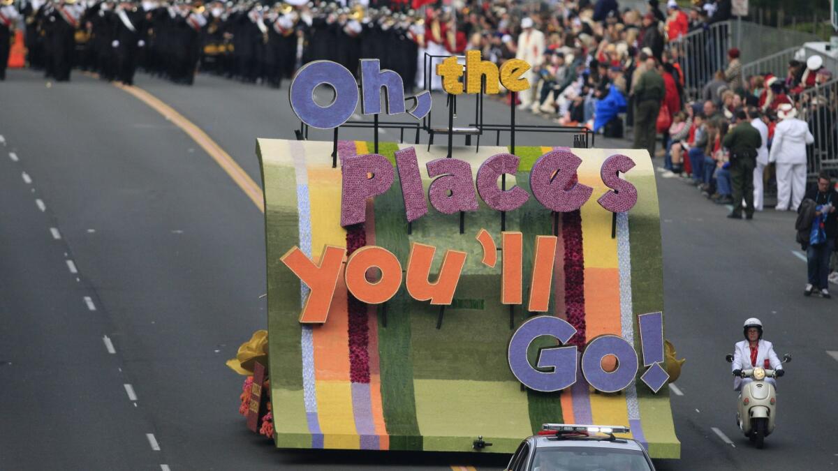 "Oh, the Places You'll Go!" kicks off the 124th Tournament of Roses Parade as it makes it's way down Colorado Boulevard in Pasadena in 2013.
