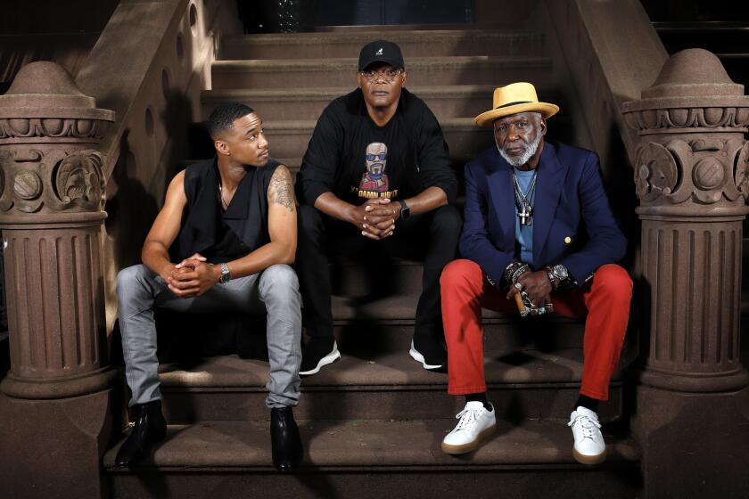 NEW YORK, N.Y. -- SATURDAY, JUNE 8, 2019 -- Jessie T. Usher, Samuel L. Jackson and Richard Roundtree star in the newest Shaft movie which is set for theatrical release on June 14, 2019. Roundtree starred as the original Shaft in 1971 and Jackson played Shaft in the 2000 release. This latest Shaft features Usher as the son of John Shaft II, played by Jackson and the nephew of John Shaft, played by Roundtree. Shaft is set in Harlem, New York and the premise has John "JJ" Shaft Jr., playing a cyber security expert with a degree from MIT who gets help from his father and uncle to uncover the truth behind his best friend?s untimely death. ( Rick Loomis / for the Los Angeles Times ) Assignment ID: 3081971