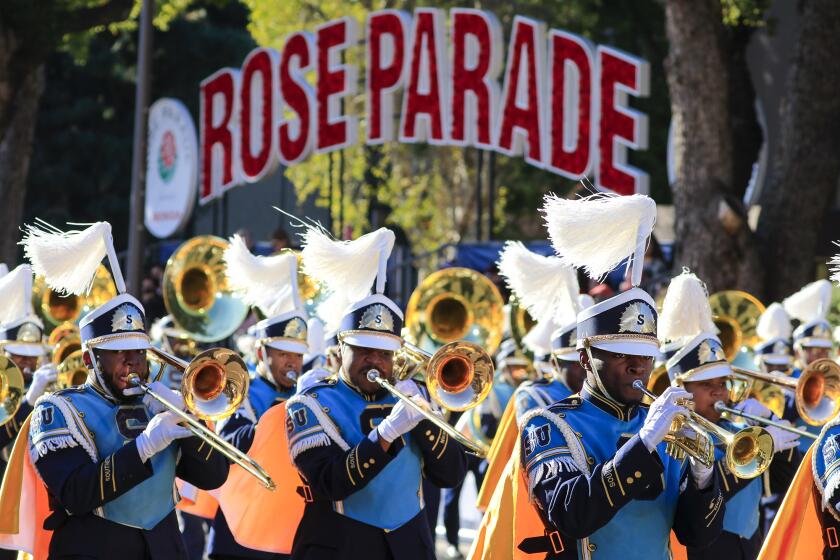 PASADENA CA., JANUARY 1, 2020: The Southern University and A&M College marching band heads down Orange Grove Blvd during The 131st Rose Parade (Mark Boster For the LA Times).