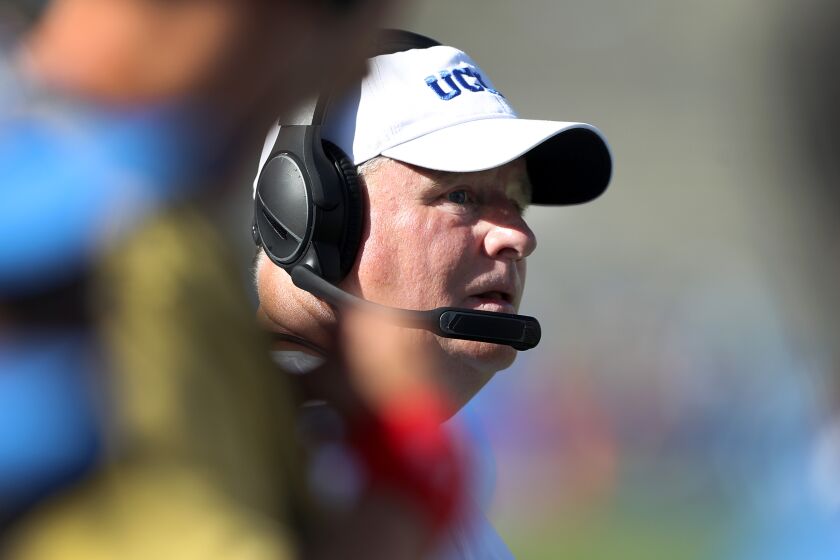 LOS ANGELES, CALIFORNIA - SEPTEMBER 07: Head coach Chip Kelly of the UCLA Bruins looks on during a game against the San Diego State Aztecs in a game on September 07, 2019 in Los Angeles, California. (Photo by Sean M. Haffey/Getty Images)