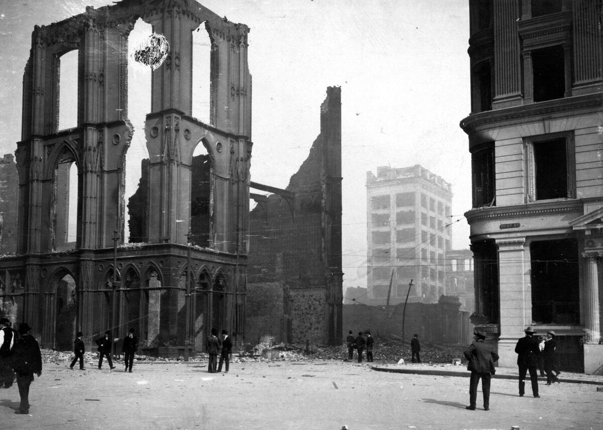 Damaged buildings from the 1906 San Francisco earthquake, looking down Montgomery Street from the corner of Market Street.