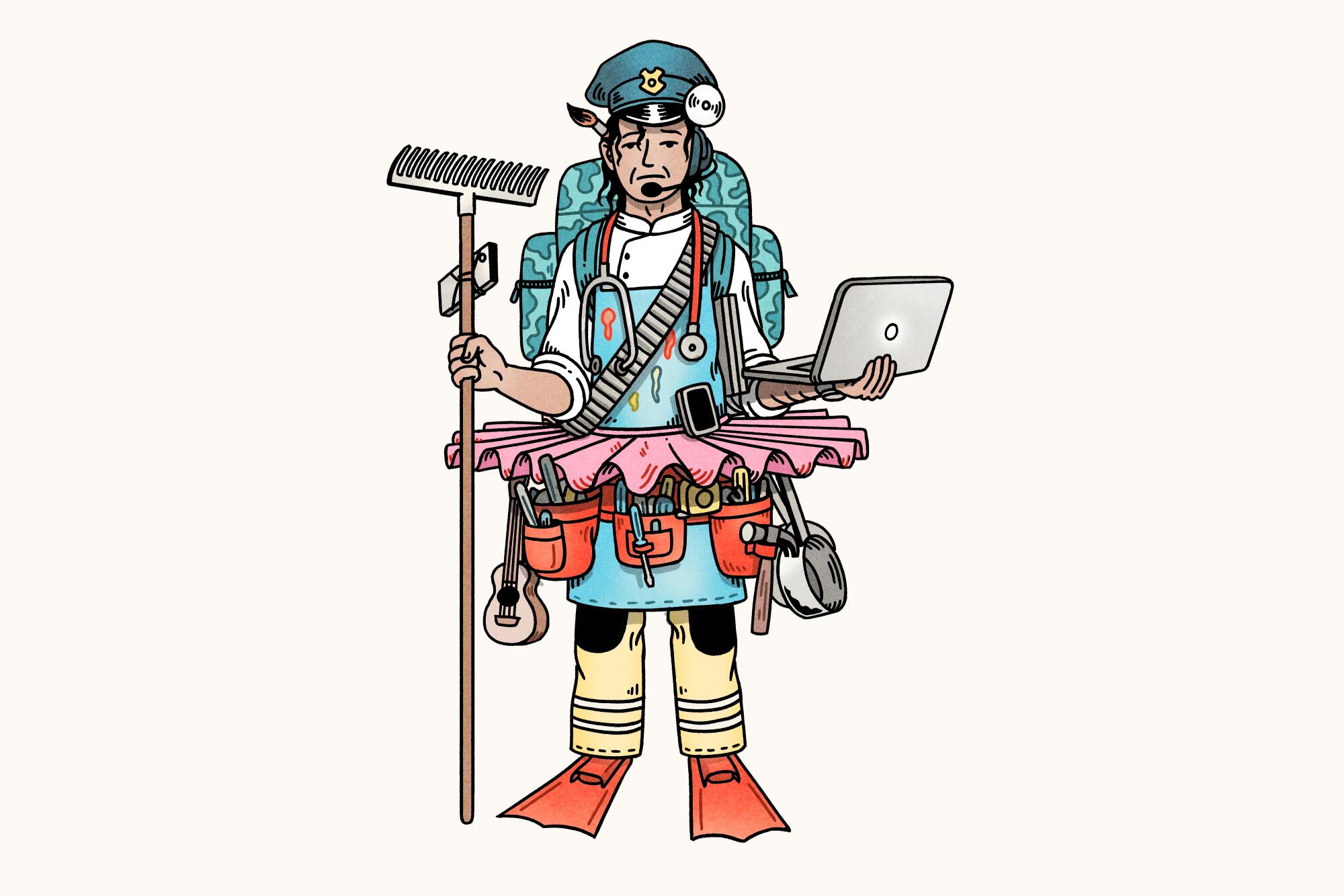 Illustration of a person wearing the equipment needed for many jobs including an apron, tool belt and gadgets.