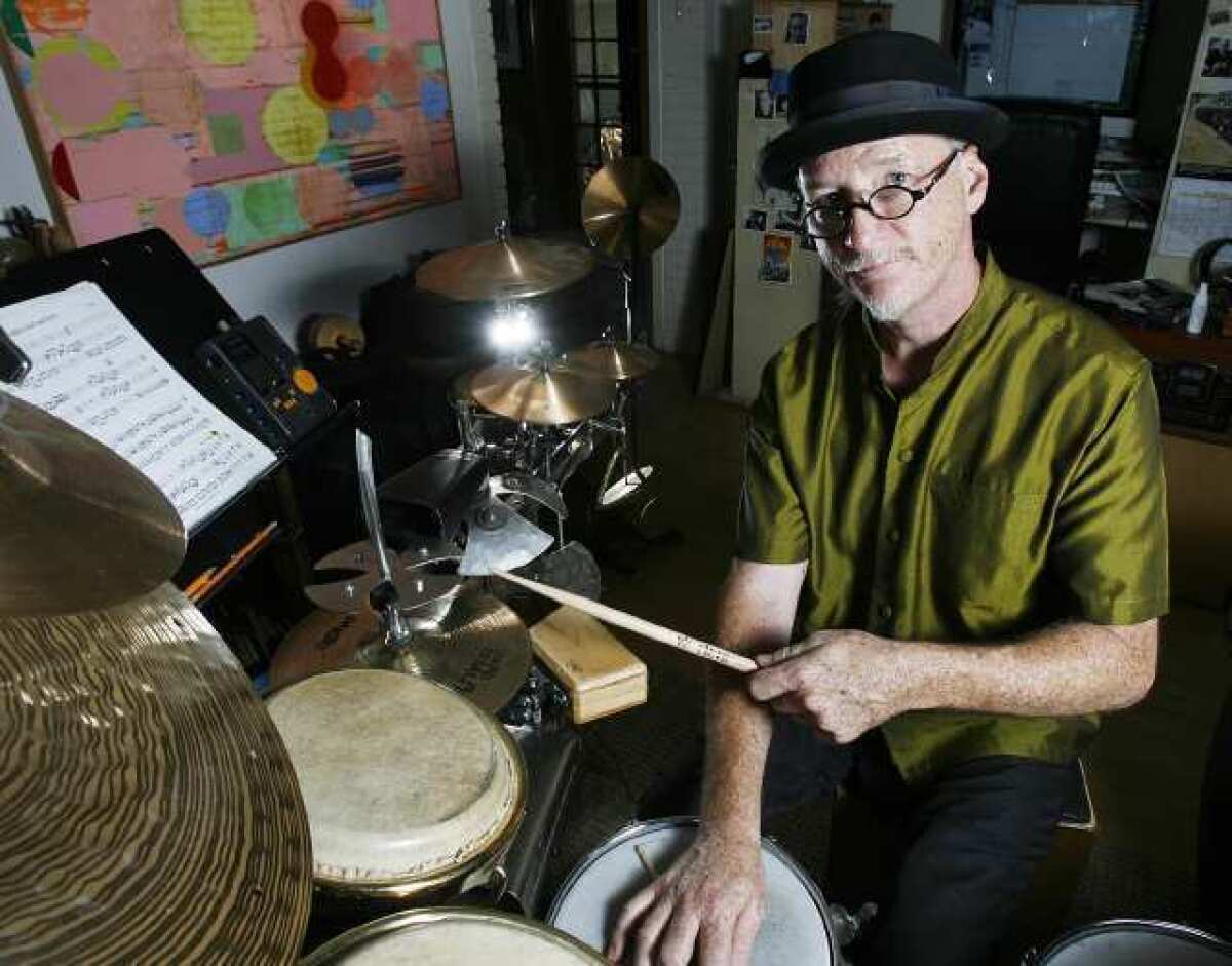 Percussionist-composer Brad Dutz in his Tujunga home. Dutz will perform with his group The Other Three at the Eagle Rock Center on Sept 2.
