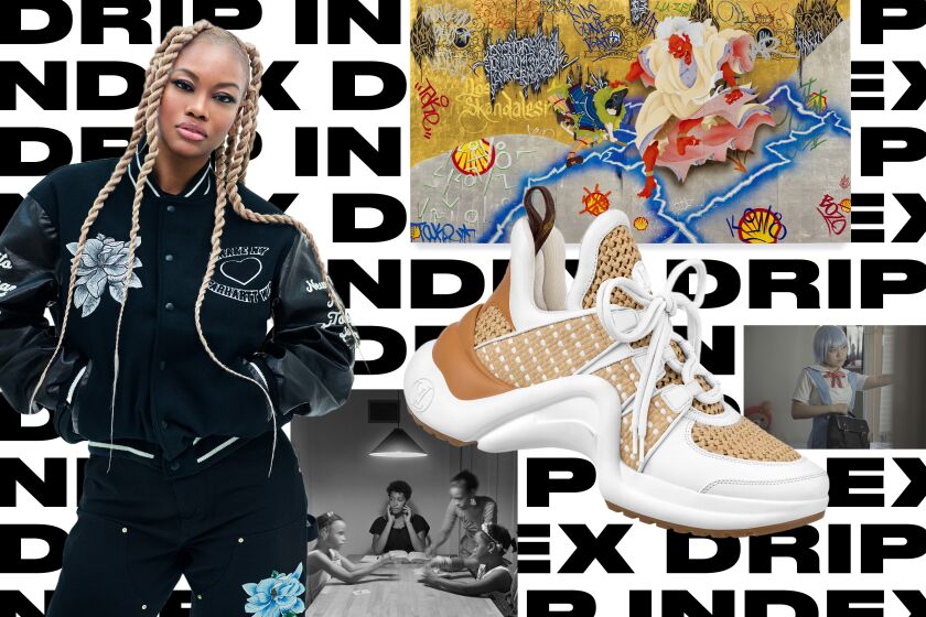 collage of different fashion and art images over a pattern of words that read "Drip Index"