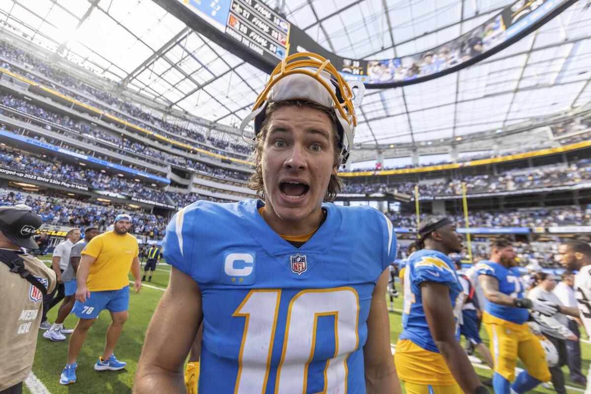 Quarterback (10) Justin Herbert of the Los Angeles Chargers after the Chargers.