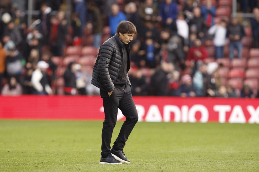 Tottenham's head coach Antonio Conte leaves the field at the end of the English Premier League soccer match between Southampton and Tottenham at St Mary's Stadium in Southampton, England, Saturday, March 18, 2023. The match ended in a 3-3 draw. (AP Photo/David Cliff)