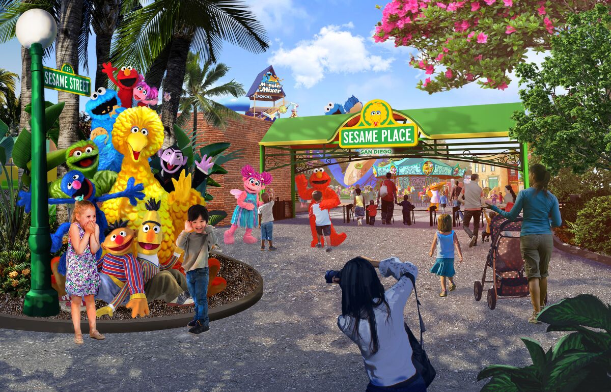 An artist's rendering of the entrance of Sesame Place, which is slated to open in Chula Vista in 2021 at the site of the existing Aquatica water park.