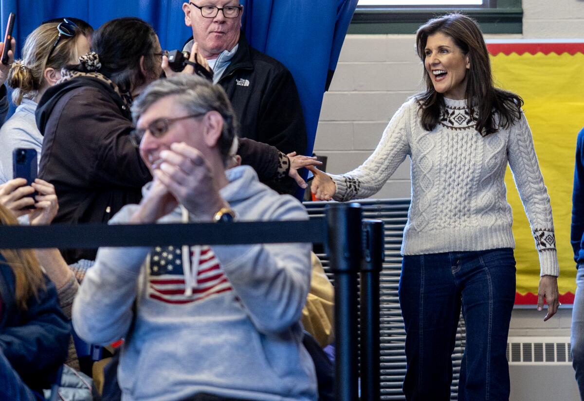 Nikki Haley, Republican candidate for president, greets supporters at a campaign event.