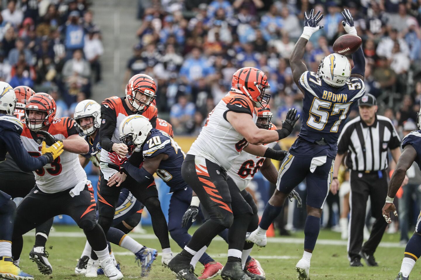 Chargers linebacker Jatavis Brown knocks down a pass from Bengals quarterback Jeff Driskel during athe second half.