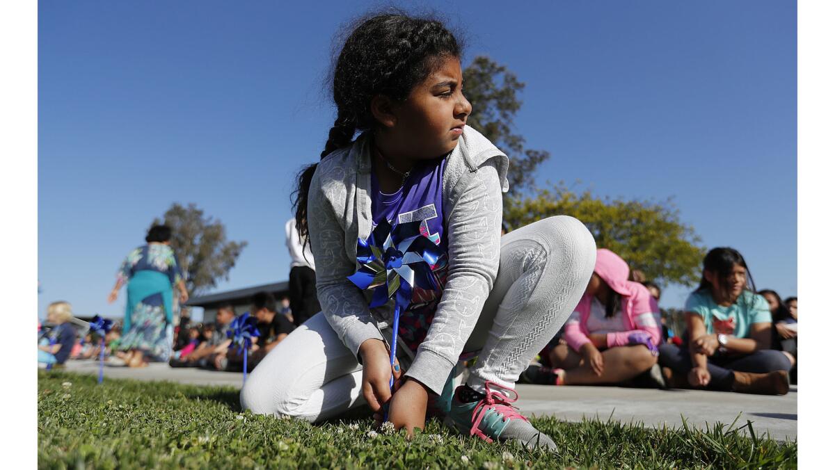 Lake View Elementary student Emily Shockry, 9, pariticpates in a pinwheel garden planting ceremony on Wednesday. The ceremony highlights kindness and positive health messages for children.
