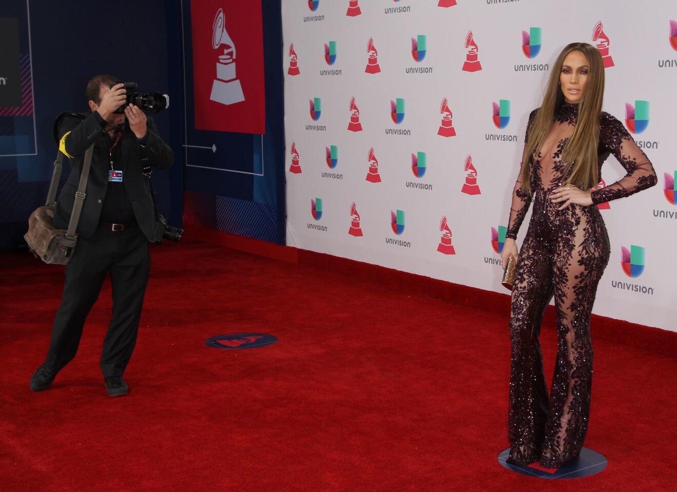 Jennifer Lopez arrives, and is photographed on the red carpet, for the 17th Latin Grammy Awards in Las Vegas, Nevada.