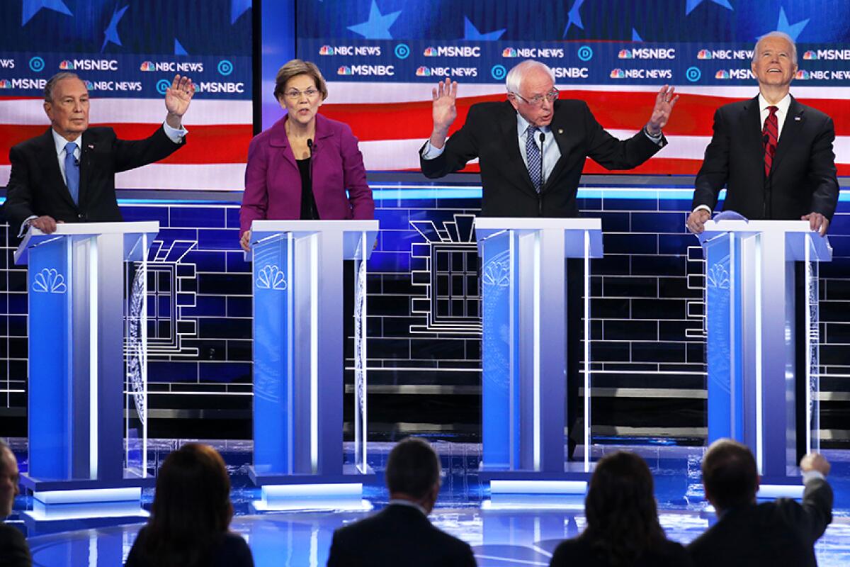 Democratic presidential candidates, from left, Michael Bloomberg, Elizabeth Warren, Bernie Sanders and Joe Biden during Wednesday's debate in Las Vegas.
