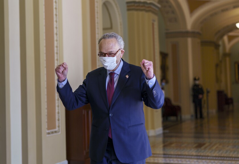 Senate Majority Leader Chuck Schumer, D-N.Y., leaves the chamber just after the Senate narrowly approved a $1.9 trillion COVID-19 relief bill, at the Capitol in Washington, Saturday, March 6, 2021. Senate passage sets up final congressional approval by the House next week so lawmakers can send it to President Joe Biden for his signature. (AP Photo/J. Scott Applewhite)