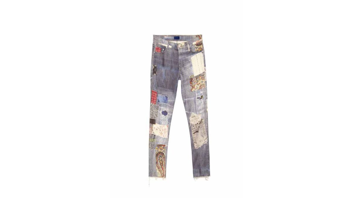 MOTHER printed patchwork jeans with frayed ankles, $275 at motherdenim.com.
