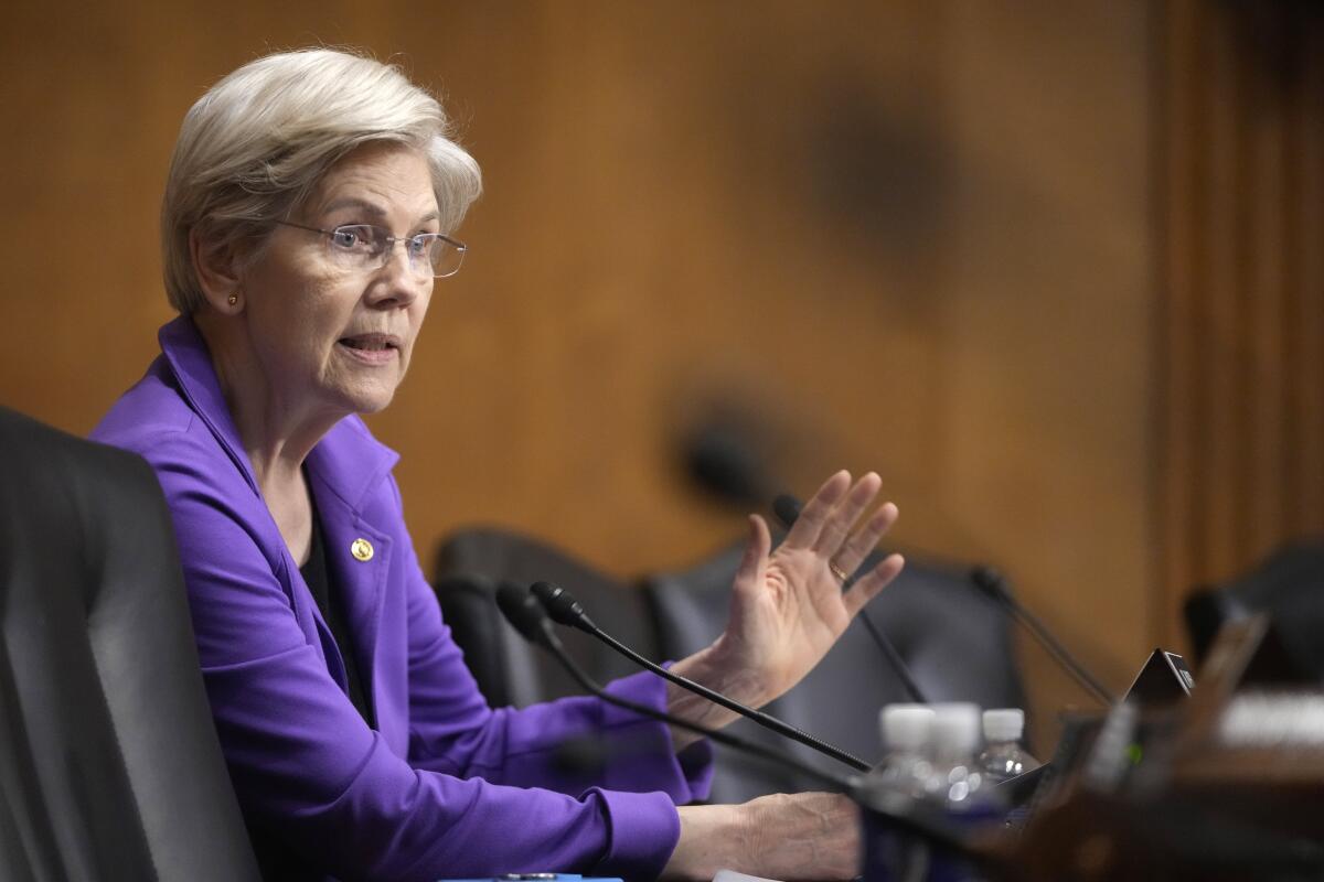 Sen. Elizabeth Warren speaking into a microphone at a meeting